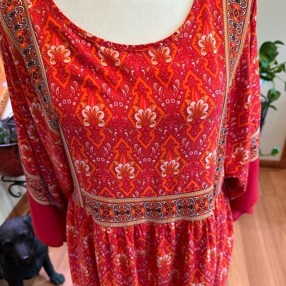 R Vivimos Bohemian Size M Red Orange Floral Pheasant Dress Knee Length Loose Fit - Picture 3 of 15